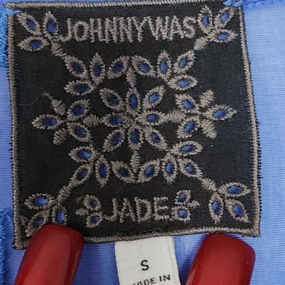 Johnny Was Blue Midi Sundress with Tiered Skirt and 3/4 Bishop Sleeves - Picture 9 of 12